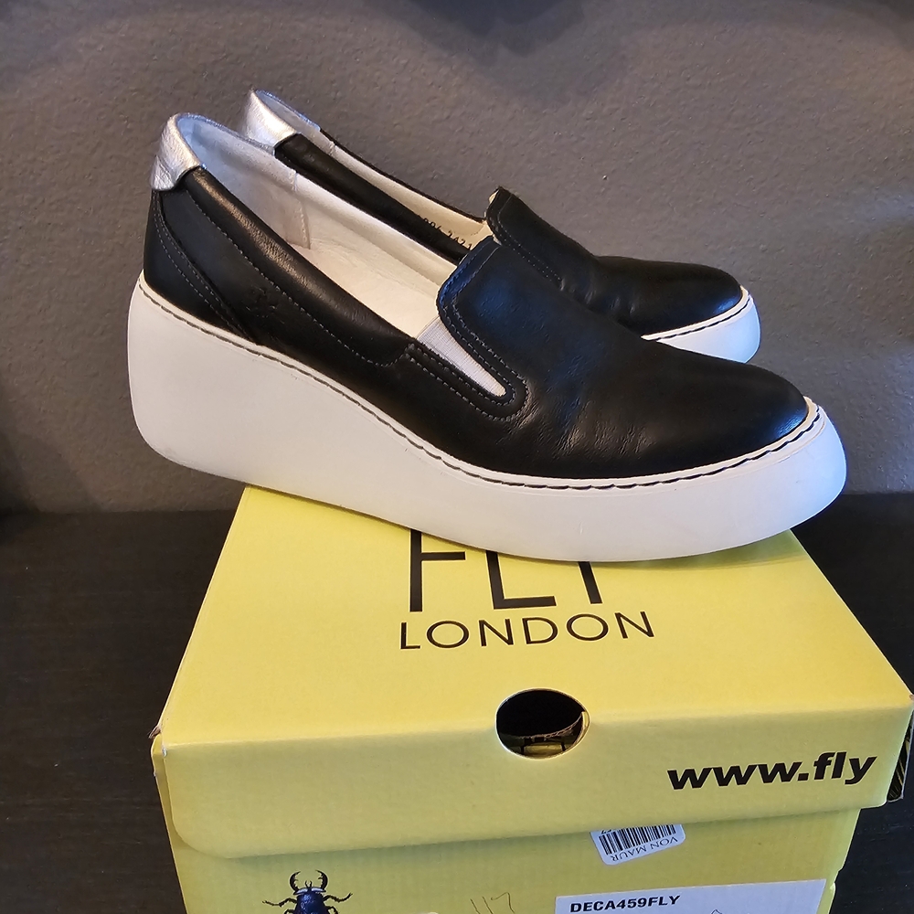 Fly London Black and White Platform Slip-Ons